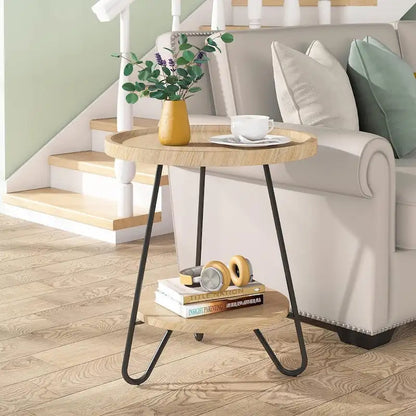 2-Tier Round Side Table, Wooden End Table with Metal Legs