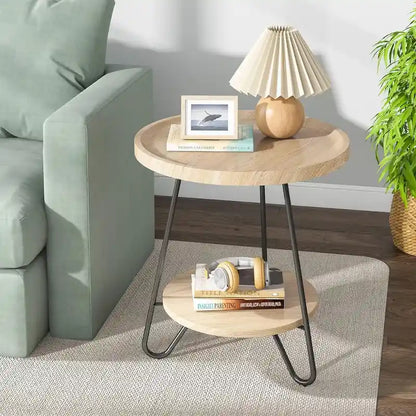 2-Tier Round Side Table, Wooden End Table with Metal Legs