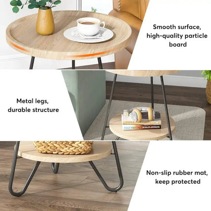 2-Tier Round Side Table, Wooden End Table with Metal Legs
