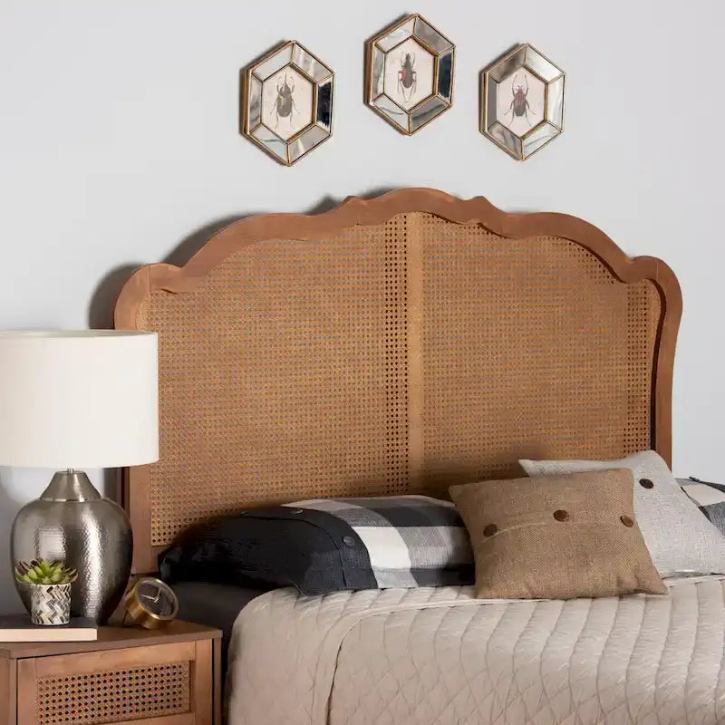 Leandra Classic and Traditional Ash Walnut Finished Wood Headboard with Rattan