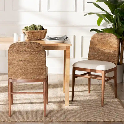 Nadim Modern Bohemian Natural Seagrass and Acacia Wood 2-Piece Dining Chair Set