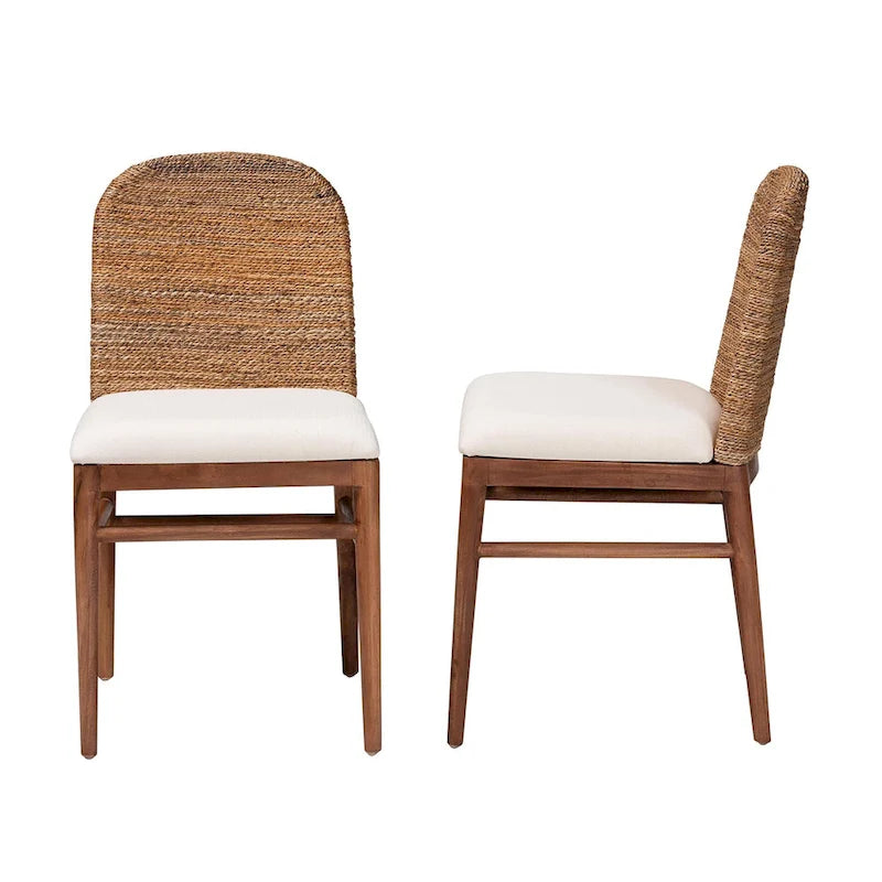 Nadim Modern Bohemian Natural Seagrass and Acacia Wood 2-Piece Dining Chair Set