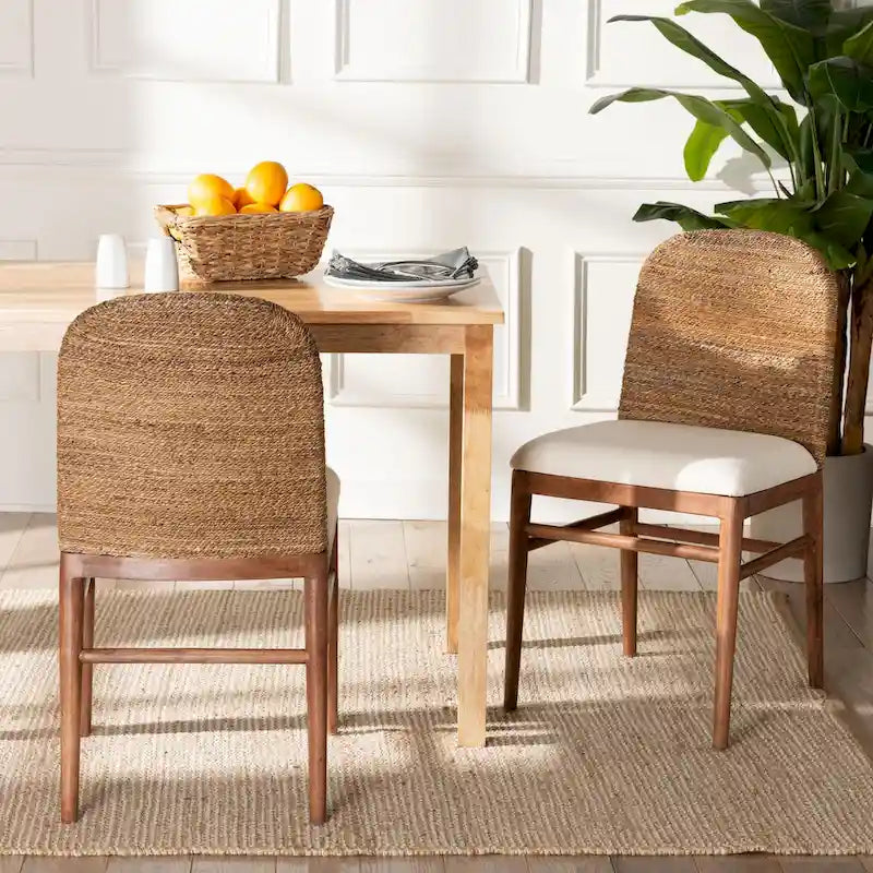 Nadim Modern Bohemian Natural Seagrass and Acacia Wood 2-Piece Dining Chair Set