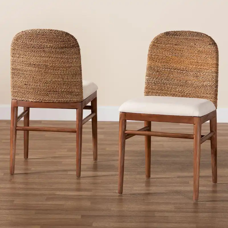 Nadim Modern Bohemian Natural Seagrass and Acacia Wood 2-Piece Dining Chair Set