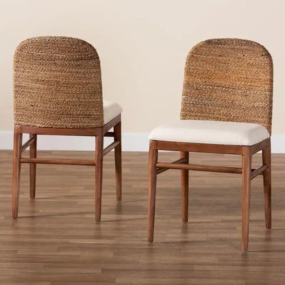 Nadim Modern Bohemian Natural Seagrass and Acacia Wood 2-Piece Dining Chair Set