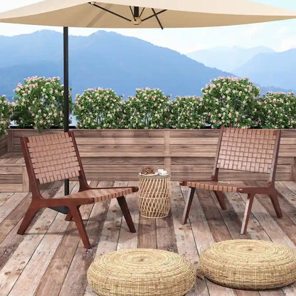 Costway Woven Leather Accent Chair Mid Century Rubber Wood Armless