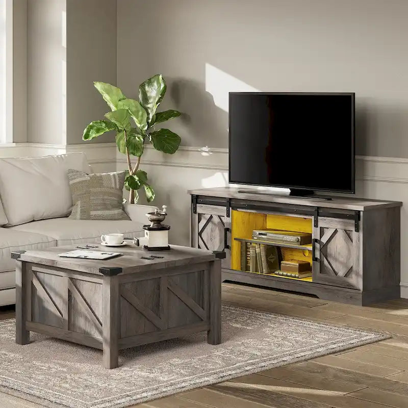 WAMPAT Farmhouse Sliding Barn Door TV Stand and Coffee Table Set of 2
