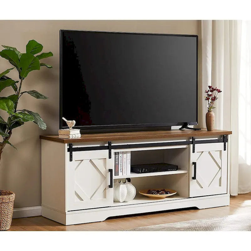 WAMPAT Farmhouse Sliding Barn Door TV Stand and Coffee Table Set of 2