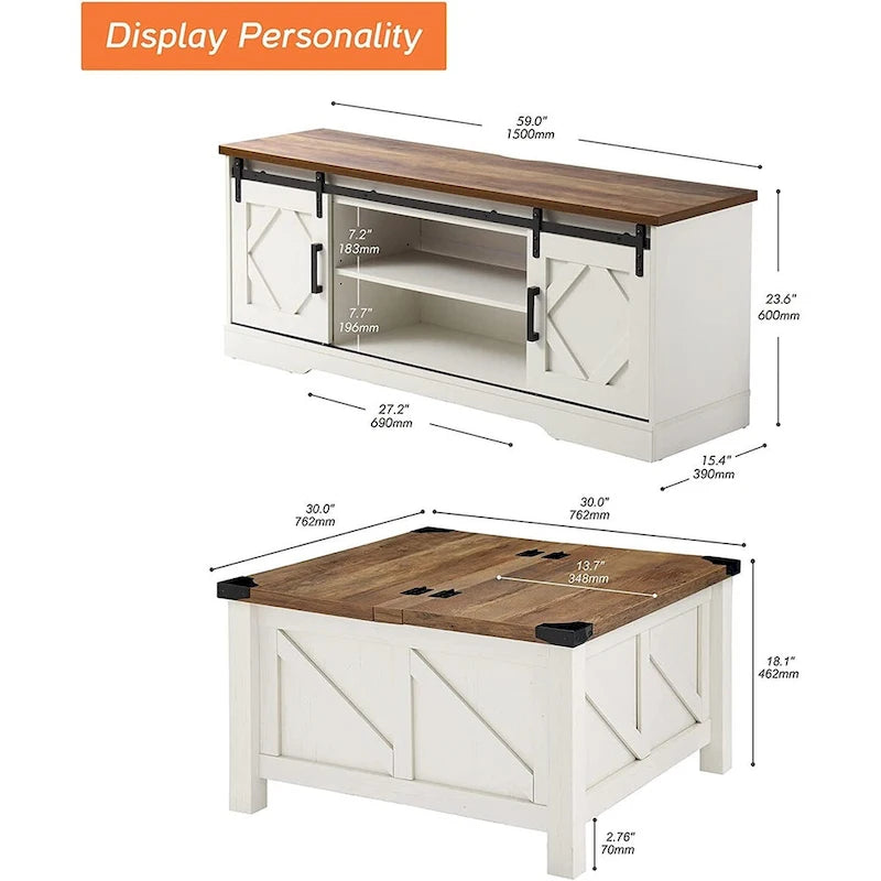 WAMPAT Farmhouse Sliding Barn Door TV Stand and Coffee Table Set of 2