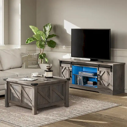 WAMPAT Farmhouse Sliding Barn Door TV Stand and Coffee Table Set of 2
