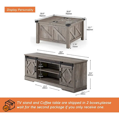 WAMPAT Farmhouse Sliding Barn Door TV Stand and Coffee Table Set of 2