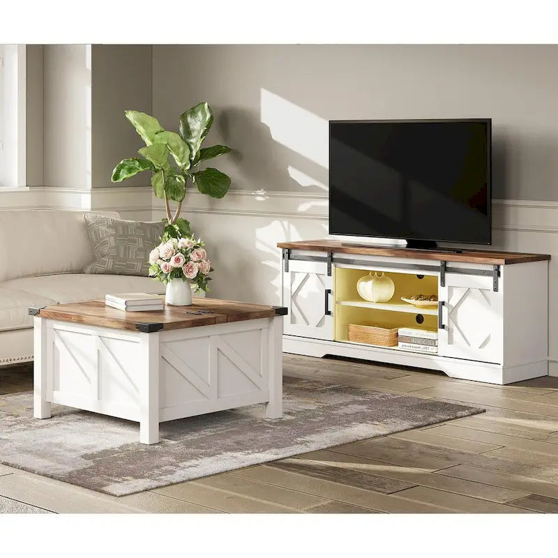 WAMPAT Farmhouse Sliding Barn Door TV Stand and Coffee Table Set of 2