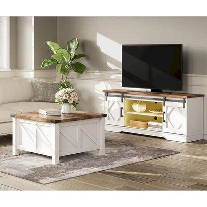WAMPAT Farmhouse Sliding Barn Door TV Stand and Coffee Table Set of 2