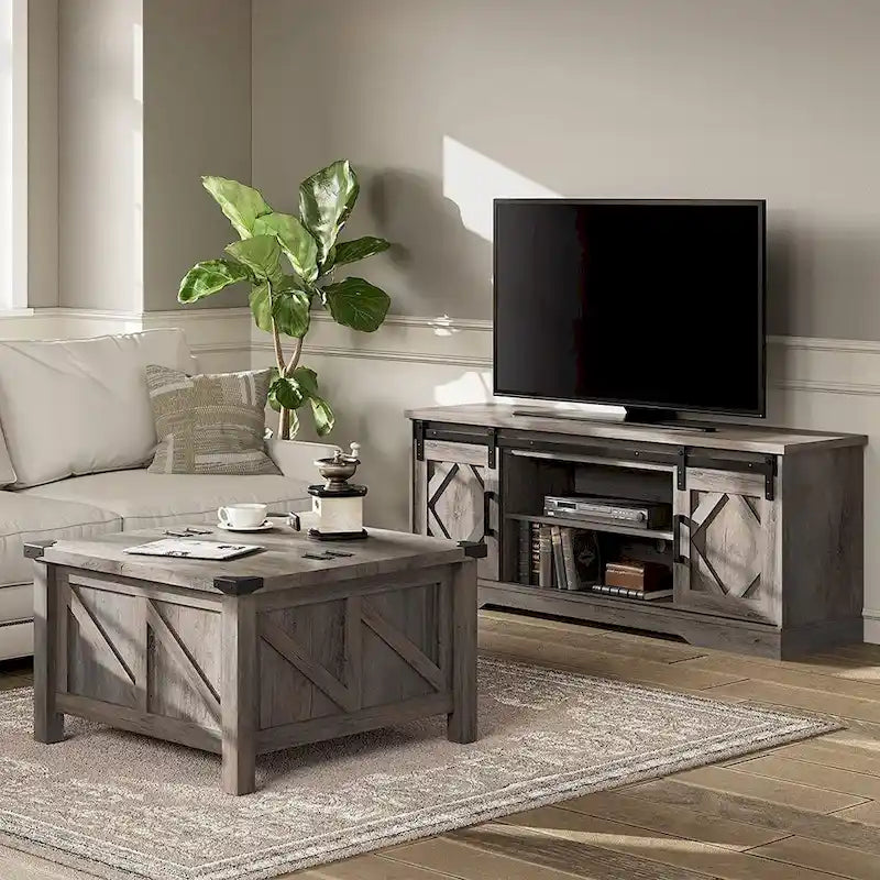 WAMPAT Farmhouse Sliding Barn Door TV Stand and Coffee Table Set of 2