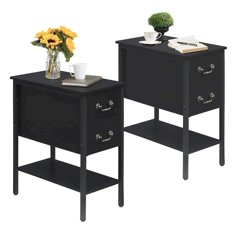 Industrial 2-Drawer Nightstand Narrow End Side Table (Set of 2)