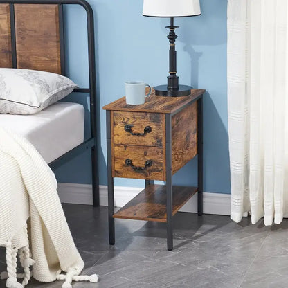 Industrial 2-Drawer Nightstand Narrow End Side Table (Set of 2)