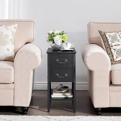 Industrial 2-Drawer Nightstand Narrow End Side Table (Set of 2)