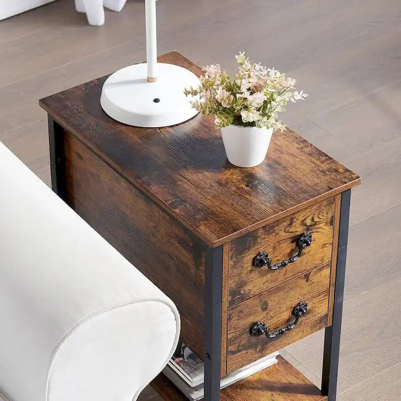 Industrial 2-Drawer Nightstand Narrow End Side Table (Set of 2)