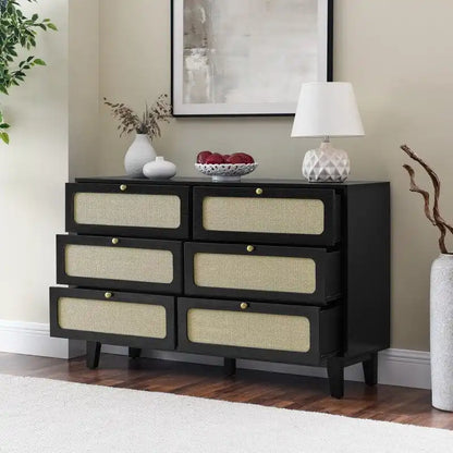 Grondin Mid-Century Modern Boho Style 6 Rattan Drawers Double Dresser with MDF Frame and Solid Wood Legs,