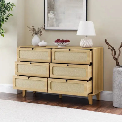 Grondin Mid-Century Modern Boho Style 6 Rattan Drawers Double Dresser with MDF Frame and Solid Wood Legs,