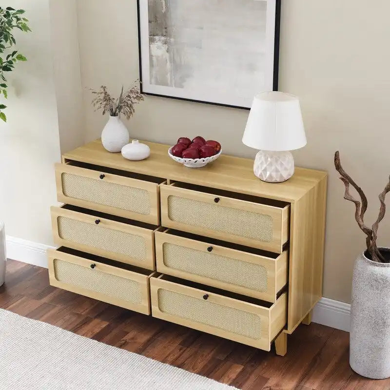 Grondin Mid-Century Modern Boho Style 6 Rattan Drawers Double Dresser with MDF Frame and Solid Wood Legs,