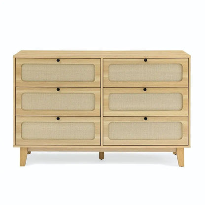 Grondin Mid-Century Modern Boho Style 6 Rattan Drawers Double Dresser with MDF Frame and Solid Wood Legs,