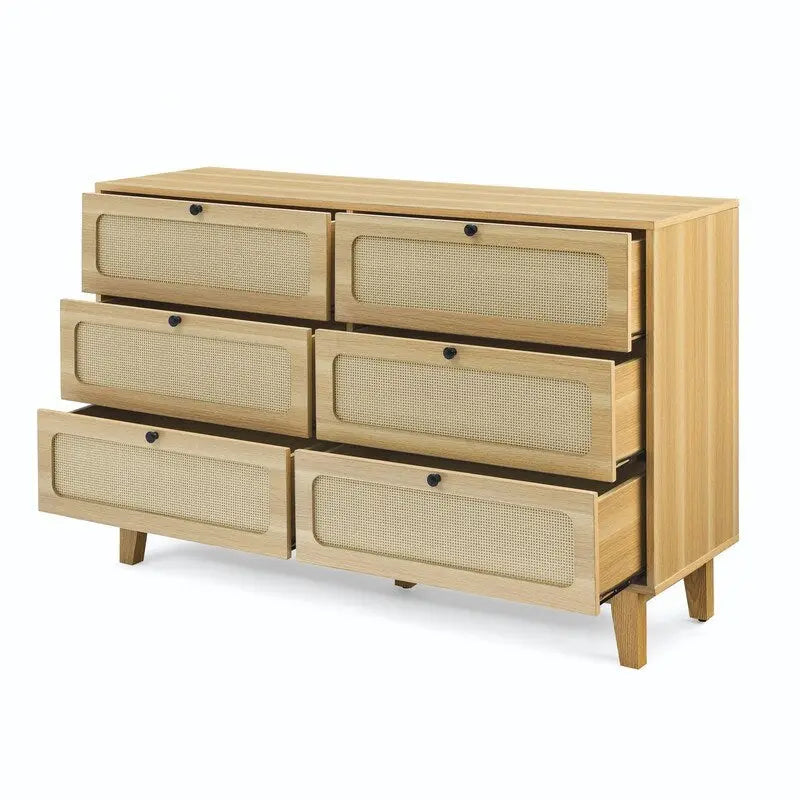Grondin Mid-Century Modern Boho Style 6 Rattan Drawers Double Dresser with MDF Frame and Solid Wood Legs,