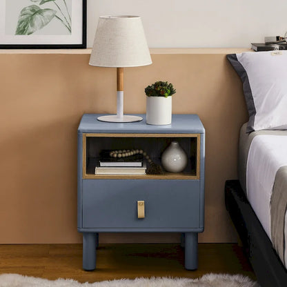 Modern 1-Drawer Wood Nightstand Small Side Table with Open Shelf Leather Handles Nordic Bedside Table