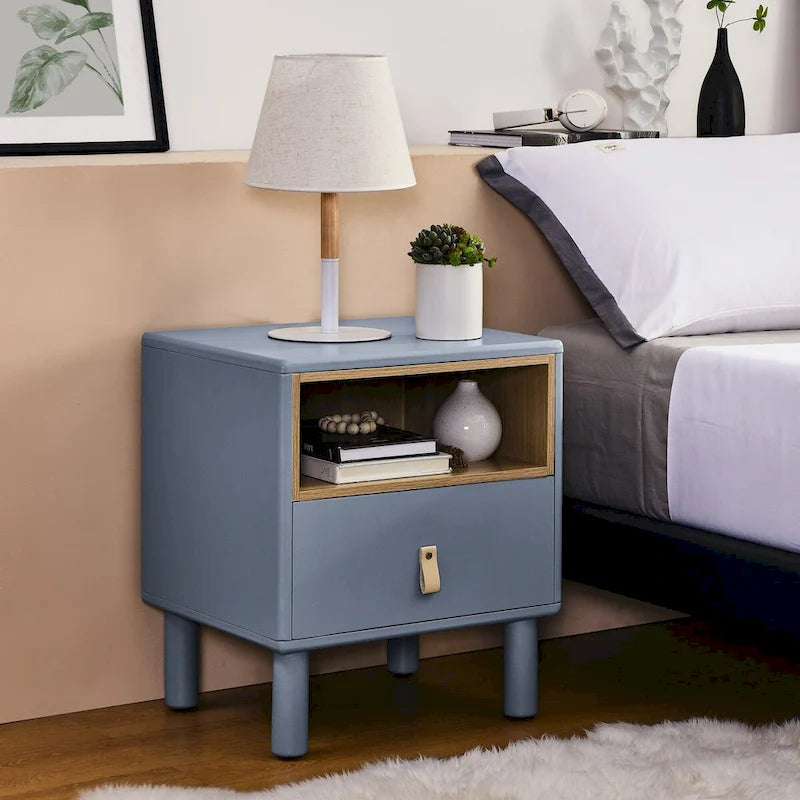 Modern 1-Drawer Wood Nightstand Small Side Table with Open Shelf Leather Handles Nordic Bedside Table