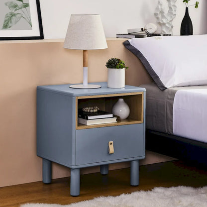 Modern 1-Drawer Wood Nightstand Small Side Table with Open Shelf Leather Handles Nordic Bedside Table