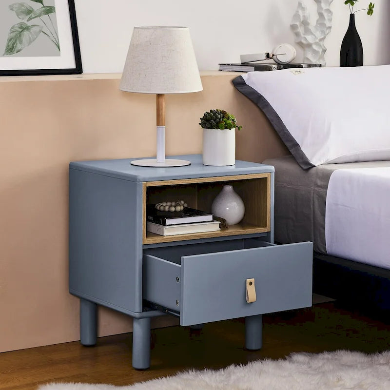 Modern 1-Drawer Wood Nightstand Small Side Table with Open Shelf Leather Handles Nordic Bedside Table