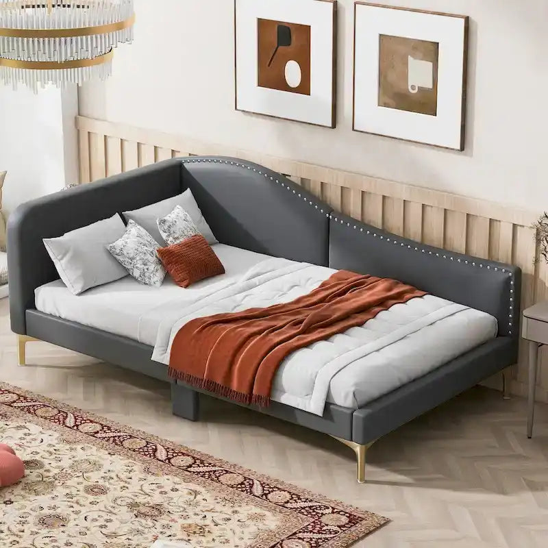 Full/Twin Size Upholstered Daybed with Headboard and Armrest, Support Legs, Full/Twin Size Bed