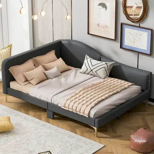 Full/Twin Size Upholstered Daybed with Headboard and Armrest, Support Legs, Full/Twin Size Bed