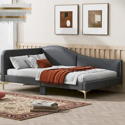 Full/Twin Size Upholstered Daybed with Headboard and Armrest, Support Legs, Full/Twin Size Bed