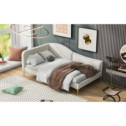 Full/Twin Size Upholstered Daybed with Headboard and Armrest, Support Legs, Full/Twin Size Bed