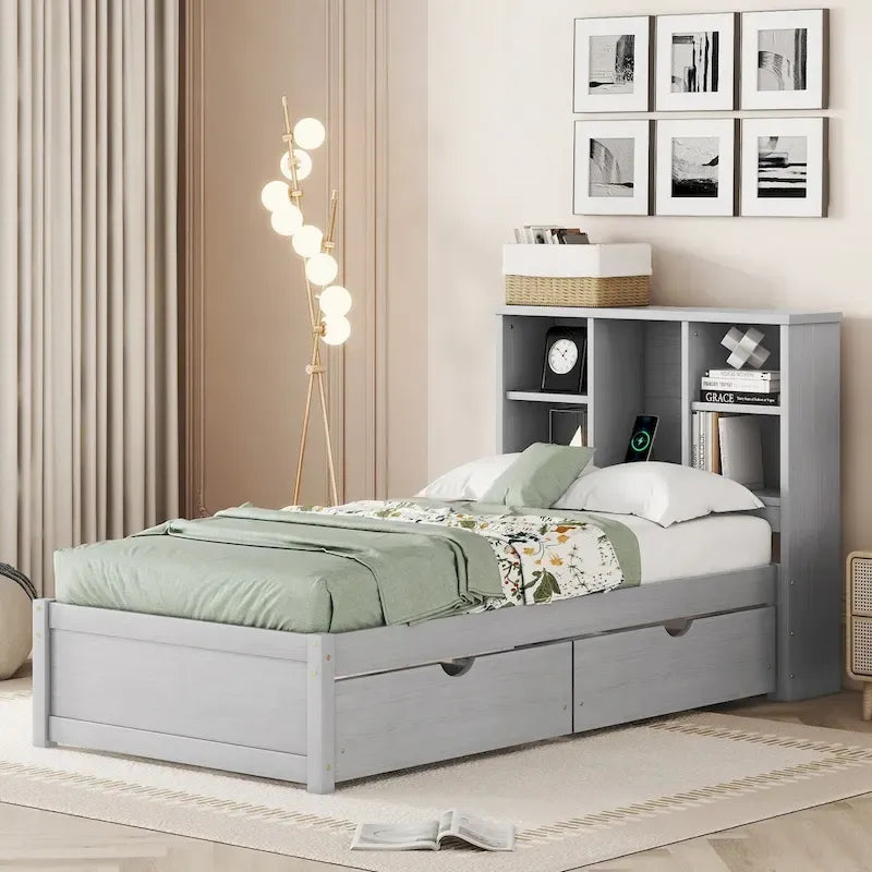 Modern Twin Size Bed Frame With Built-in USB Port on Bookcase Headboard and 2 Drawers for