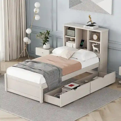 Modern Twin Size Bed Frame With Built-in USB Port on Bookcase Headboard and 2 Drawers for