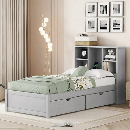 Modern Twin Size Bed Frame With Built-in USB Port on Bookcase Headboard and 2 Drawers for