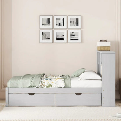 Modern Twin Size Bed Frame With Built-in USB Port on Bookcase Headboard and 2 Drawers for