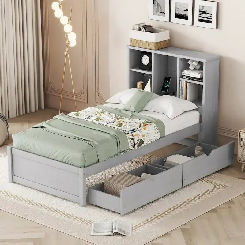 Modern Twin Size Bed Frame With Built-in USB Port on Bookcase Headboard and 2 Drawers for