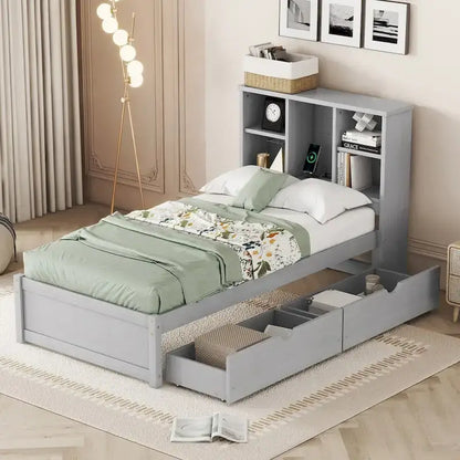Modern Twin Size Bed Frame With Built-in USB Port on Bookcase Headboard and 2 Drawers for