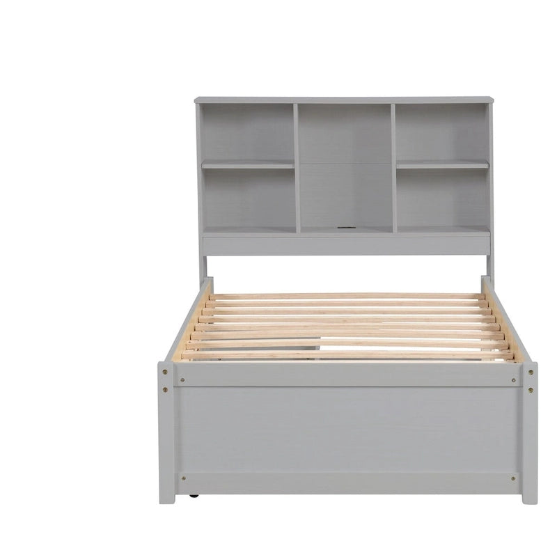 Modern Twin Size Bed Frame With Built-in USB Port on Bookcase Headboard and 2 Drawers for