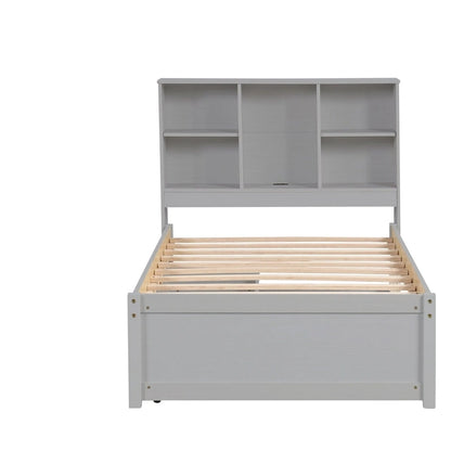 Modern Twin Size Bed Frame With Built-in USB Port on Bookcase Headboard and 2 Drawers for