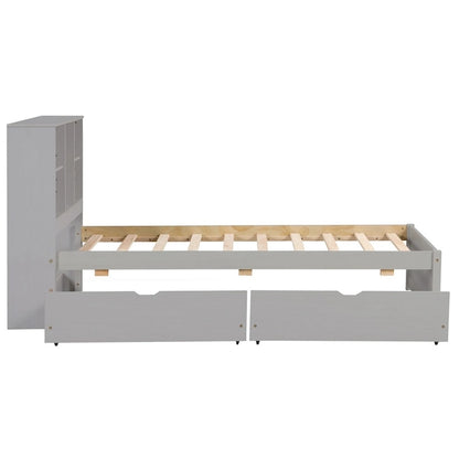 Modern Twin Size Bed Frame With Built-in USB Port on Bookcase Headboard and 2 Drawers for