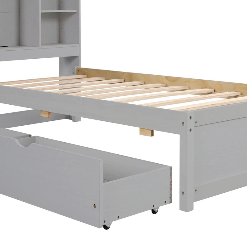 Modern Twin Size Bed Frame With Built-in USB Port on Bookcase Headboard and 2 Drawers for