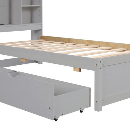 Modern Twin Size Bed Frame With Built-in USB Port on Bookcase Headboard and 2 Drawers for