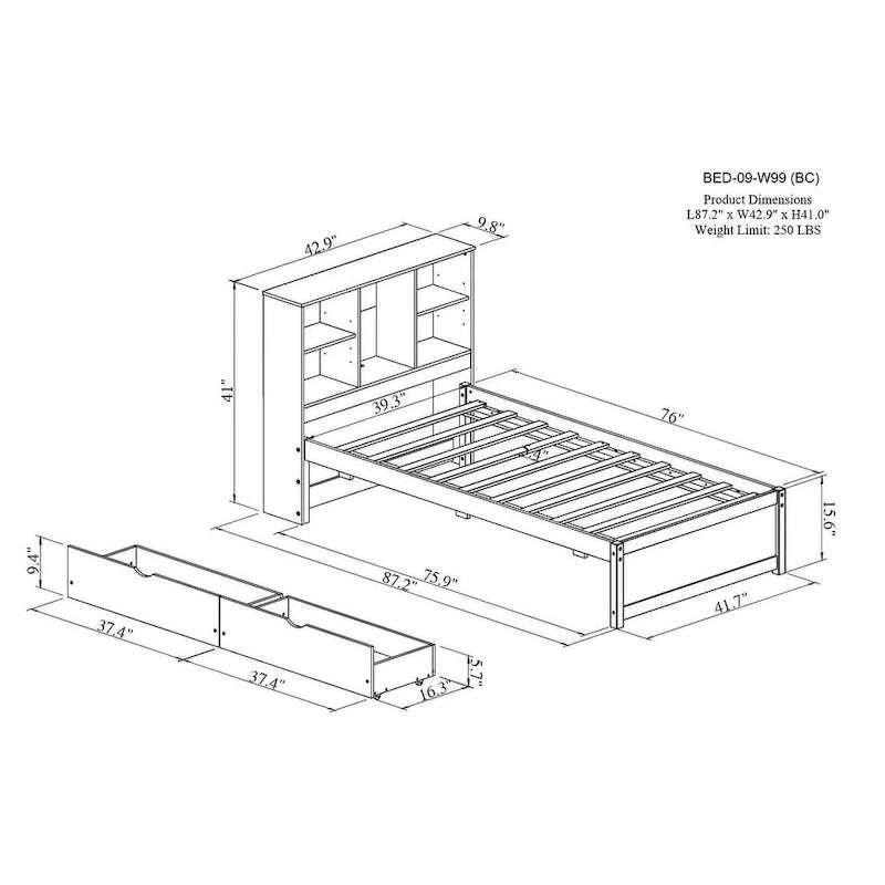 Modern Twin Size Bed Frame With Built-in USB Port on Bookcase Headboard and 2 Drawers for