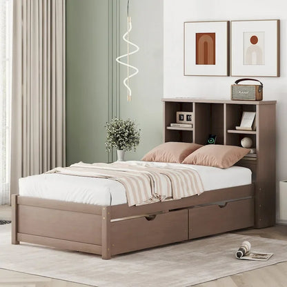 Modern Twin Size Bed Frame With Built-in USB Port on Bookcase Headboard and 2 Drawers for