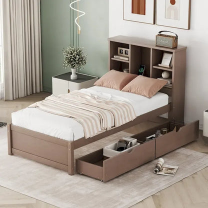 Modern Twin Size Bed Frame With Built-in USB Port on Bookcase Headboard and 2 Drawers for