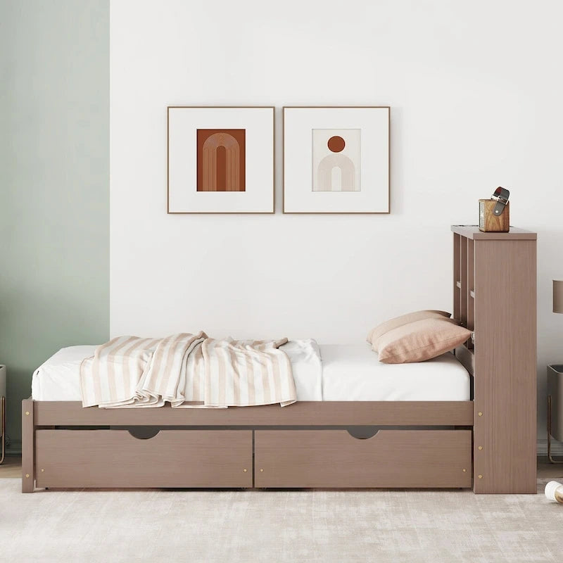Modern Twin Size Bed Frame With Built-in USB Port on Bookcase Headboard and 2 Drawers for